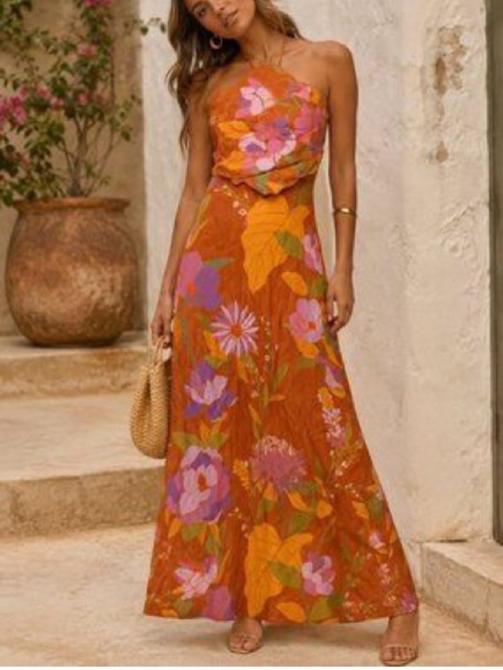 Caroline Constas Linen Blend Floral Maxi Dress Size Small